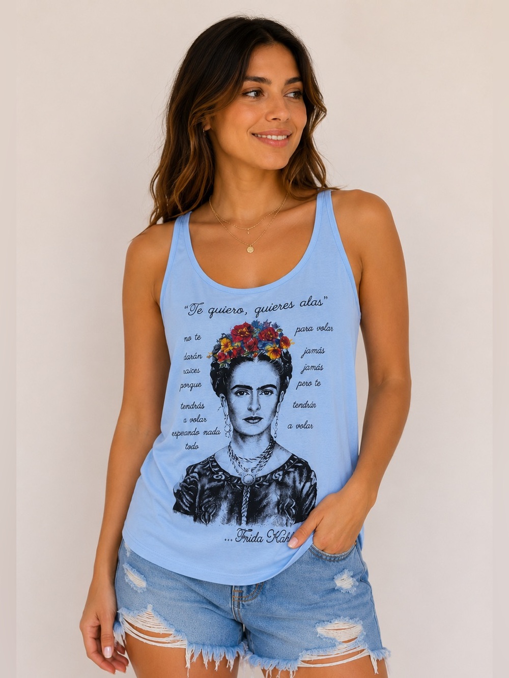 Frida Kahlo Light Blue Graphic Racerback Tank Top Women’s Large Boho Art Large